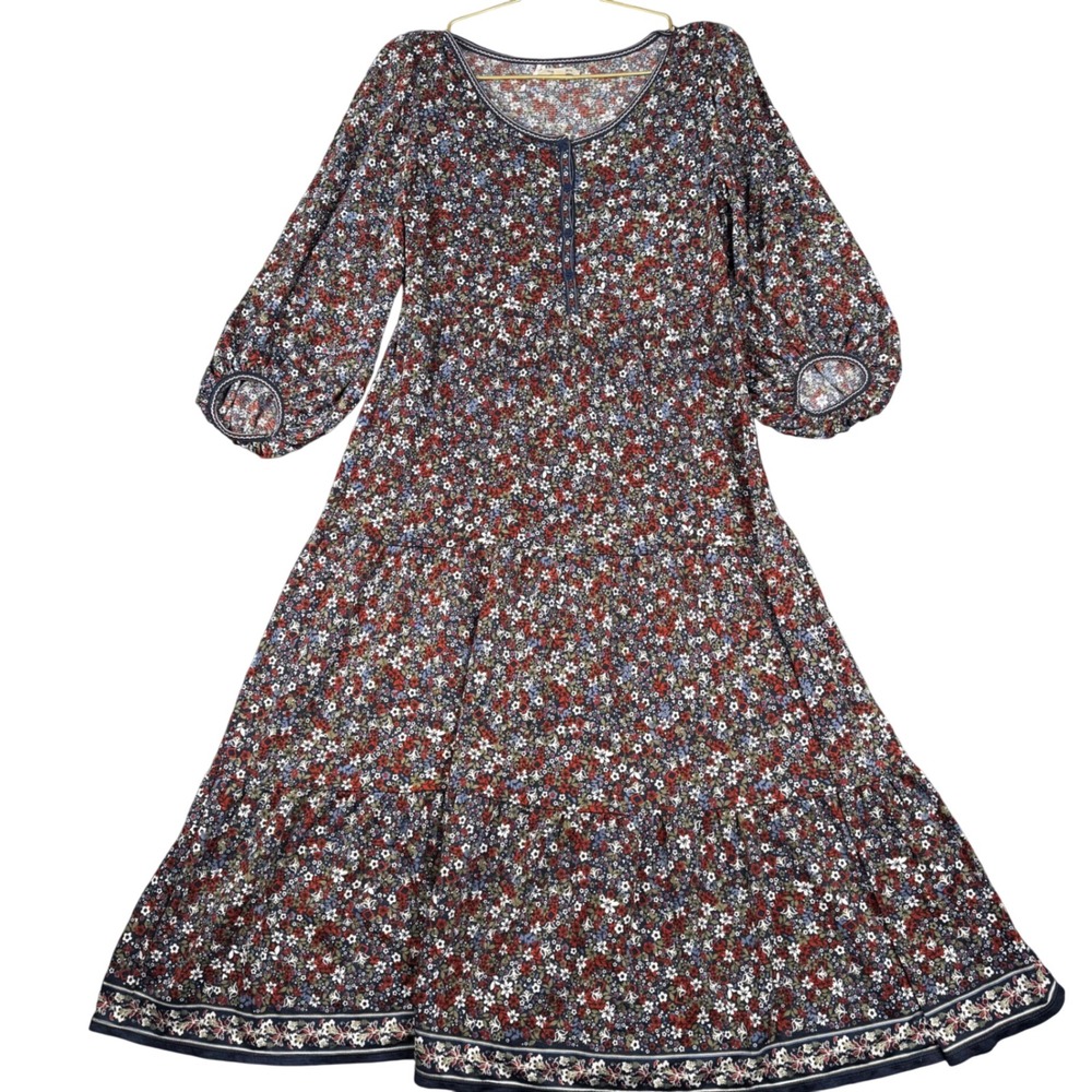 Max Studio Womens Floral Tiered Midi Dress Red Blue Long Balloon Sleeve Small